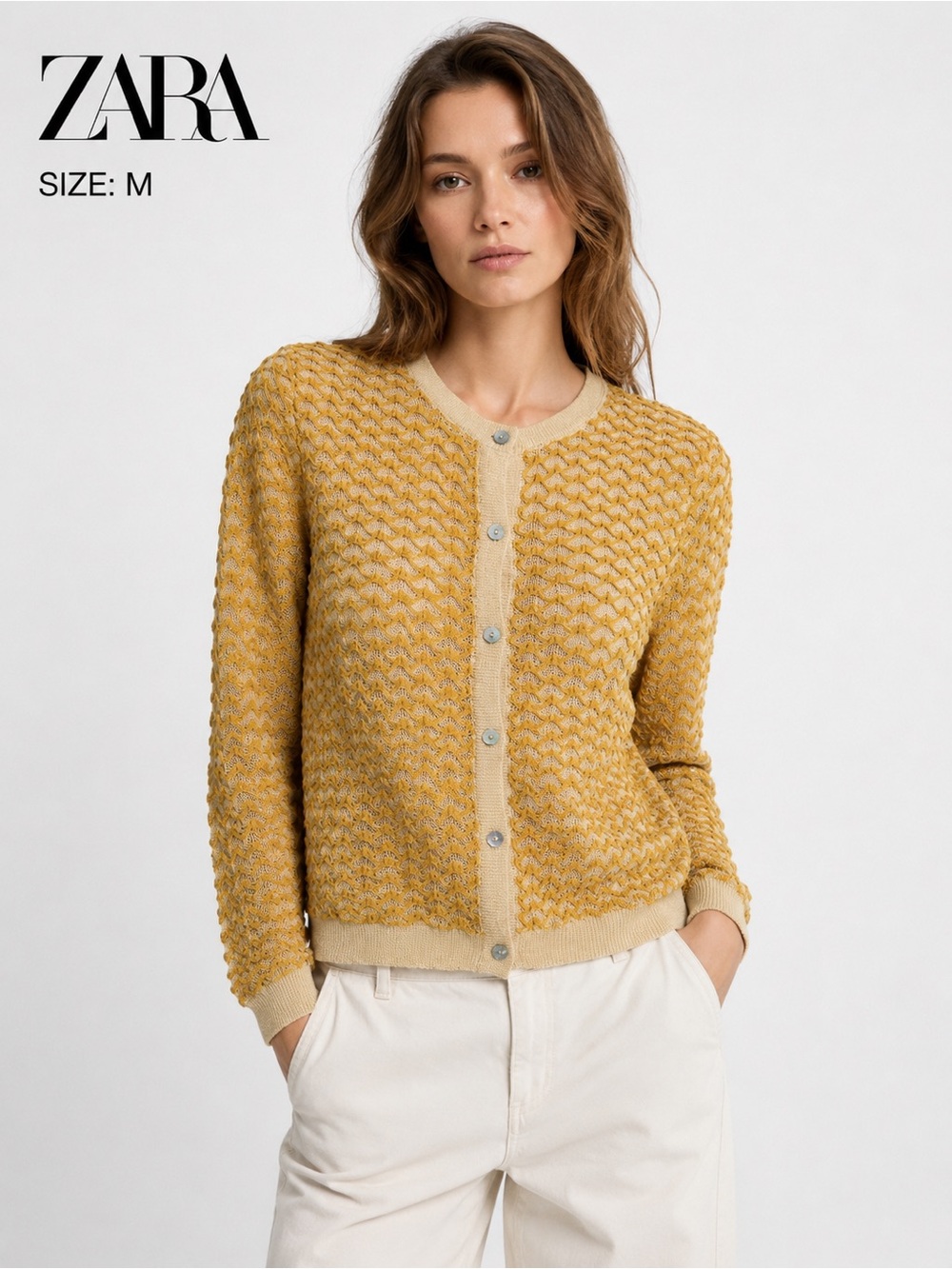 Zara Open Knit Mustard Yellow Cardigan Sweater Size M